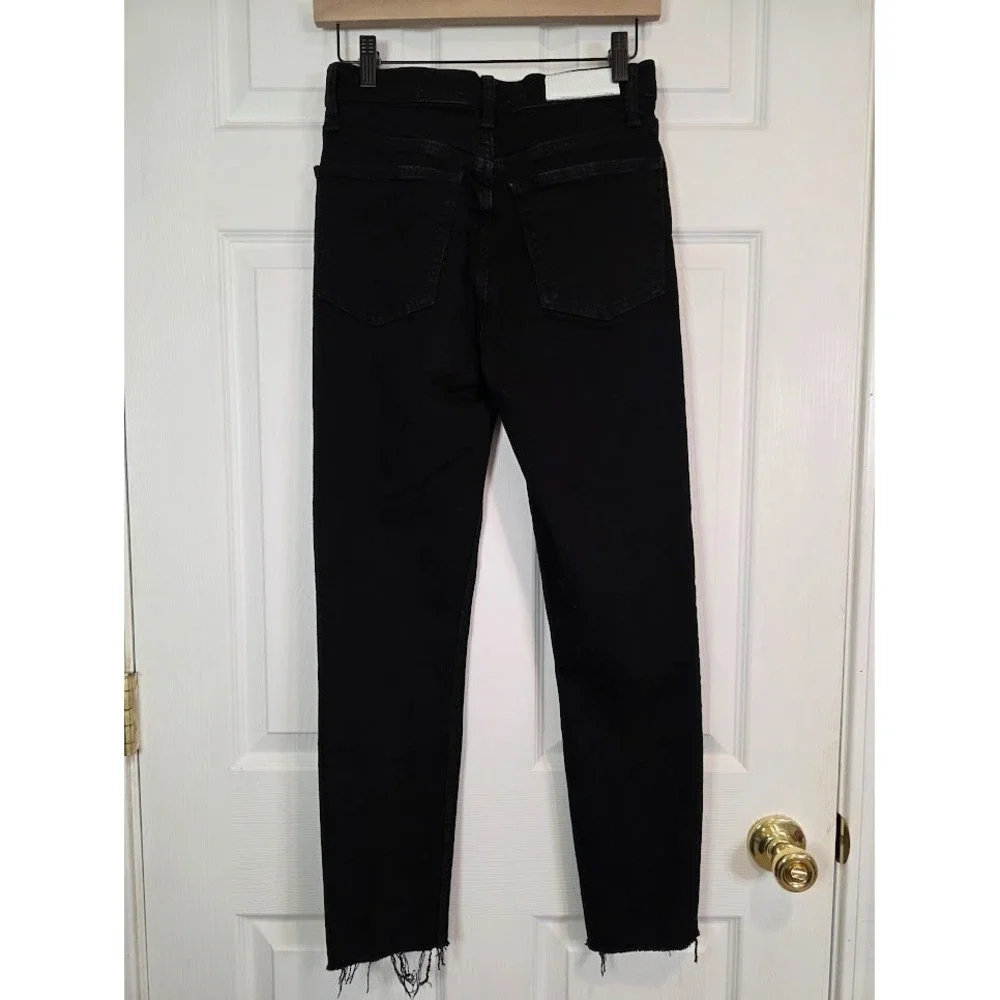 RE/DONE High Rise Ankle Crop Jeans 26 Faded Black Raw Hem Button Fly‎ 189-3WHRAC